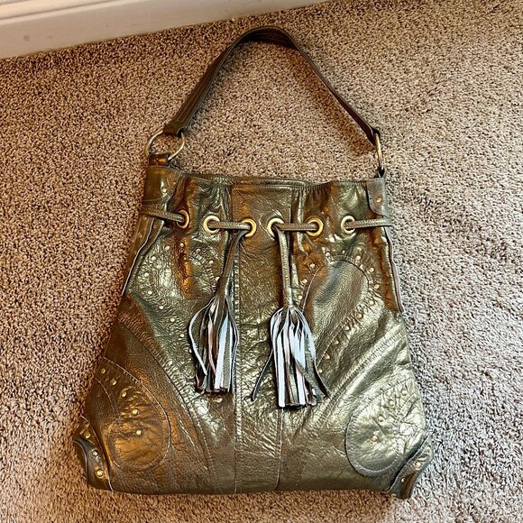 Bulga Leather Studded Hobo Tote Bag in Iridescent Green - Picture 2 of 7